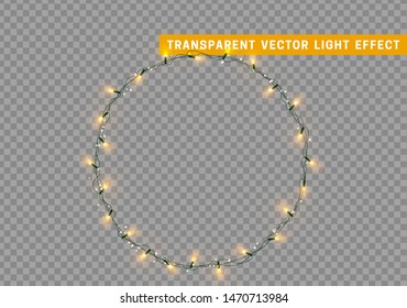 Christmas wreath, frame of New Year's bright glowing lights of garlands. Light effect Xmas decoration round ring. Isolated on a transparent background. Design element. vector illustration.