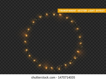 Christmas wreath, frame of New Year's bright glowing lights of garlands. Light effect Xmas decoration round ring. Isolated on a transparent background. Design element. vector illustration.