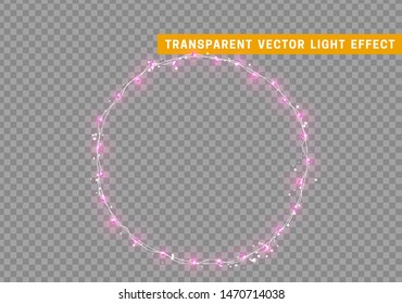 Christmas wreath, frame of New Year's bright glowing lights of garlands. Light effect Xmas decoration round ring. Isolated on a transparent background. Design element. vector illustration.