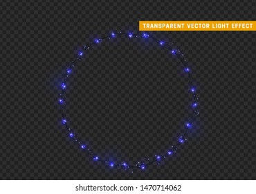 Christmas wreath, frame of New Year's bright glowing lights of garlands. Light effect Xmas decoration round ring. Isolated on a transparent background. Design element. vector illustration.