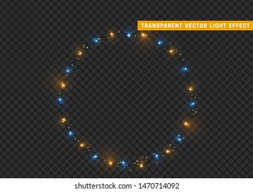 Christmas wreath, frame of New Year's bright glowing lights of garlands. Light effect Xmas decoration round ring. Isolated on a transparent background. Design element. vector illustration.