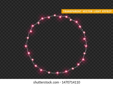 Christmas wreath, frame of New Year's bright glowing lights of garlands. Light effect Xmas decoration round ring. Isolated on a transparent background. Design element. vector illustration.