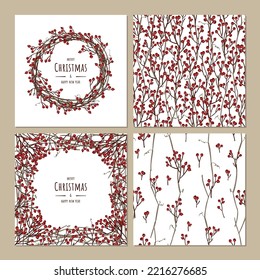 Christmas wreath, frame, seamless pattern, border of withe and red berries flat style
