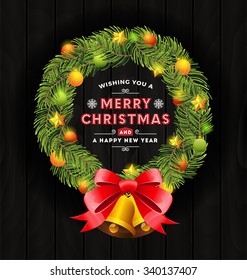 Christmas wreath frame and typography design. Merry Christmas and Happy New Year decorative element. Vector illustration.