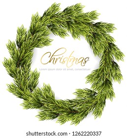 Christmas wreath frame Vector. Green fir branches. Winter holidays card realistic 3d illustration isolated on whites
