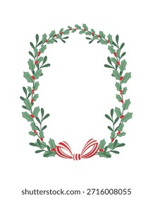 Christmas wreath frame vector illustration with green leaves and red ribbon bow. Festive holiday design for invitation, greeting card, logo and packaging.