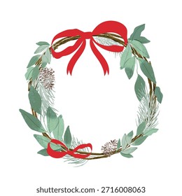 Ilustración vectorial de marco de corona de Navidades con hojas verdes y lazos de cinta roja. Diseño festivo de vacaciones para tarjeta, invitación, etiqueta y decoración.
