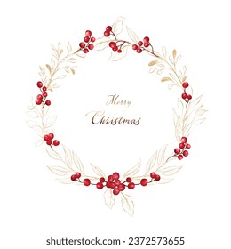 Christmas wreath frame with watercolor red berries and gold leaves. Hand-painted watercolor element suitable for decorative Christmas festivals, New Year invitations, or greeting cards.