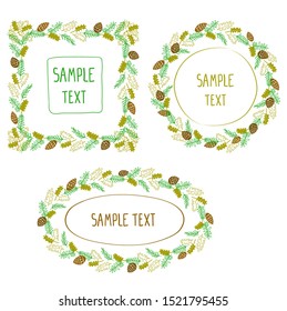 Christmas wreath frames set with cones and fir branches, doodle vector illustration