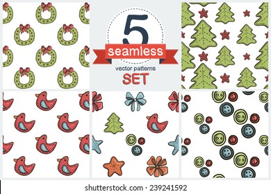 Christmas wreath funny cartoon stitched elements. Set of 5 vector seamless pattern. 