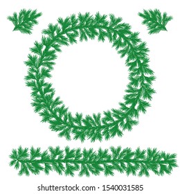 Christmas wreath, garland and branches. Set of color vector isolated patterns for design.