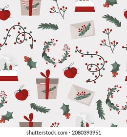 Christmas wreath and garland in flat style seamless pattern. Vector stock illustration