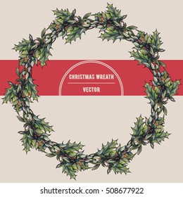Christmas Wreath with garland lights. Floral frame. Round border with snow winter branches and leaves. Vector illustration.