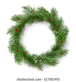 Christmas Wreath, Garland On Wooden Background With Snow And Branches. Wood Table. Christmas Card, Party Template. Christmas Holiday Design, Decor. Vector Illustration.