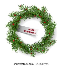 Christmas wreath, Garland on wooden background with snow and branches. Lettering Merry Christmas. Wood table. Christmas card, party template. Christmas holiday design, decor. Vector illustration.