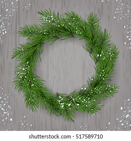 Christmas wreath, Garland on wooden background with snow and branches. Wood table. Christmas card, party template. Christmas holiday design, decor. Vector illustration.