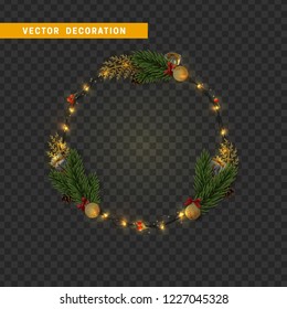 Christmas wreath with the garland and pine branches with golden baubles and gift.