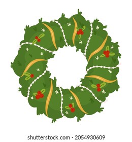 Christmas wreath with garland,flowers and berries. New year design element.