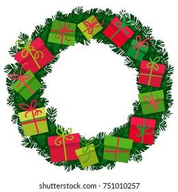 Christmas wreath with gift boxes. Round frame from colorful  presents with empty space for text. Vector illustration isolated on white background. 