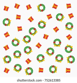christmas wreath and gift pattern on white background. flat design style. vector background design.