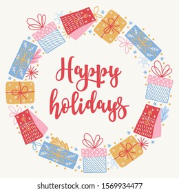 Christmas wreath with gifts, bows, leaves, fir branches and snowflakes on white background. Scandinavian style. Hand drawn circle frame. Perfect for holiday greeting cards
