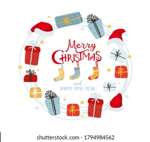 Christmas wreath of gifts, santa hats and socks. Postcard with the wish of a Merry Christmas. Blank for a greeting card, New Year s design. Flat vector illustration isolated on white background