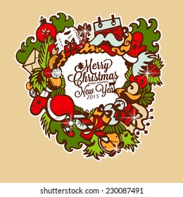 Christmas wreath with gifts. Vector Illustration.