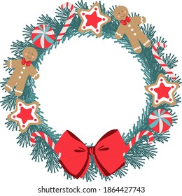 Christmas wreath with gingerbread cookies and candy cane for party invitations, greeting cards and brochures. Holiday cookies and sweets wreath with  red bow isolated on white background.