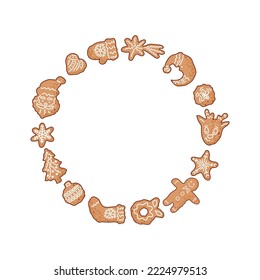 Christmas wreath with gingerbread cookies on white background. Vector illustration.