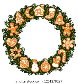 Christmas wreath with gingerbread cookies. Round frame with empty space for text. Cartoon hand drawn vector illustration isolated on white background. 