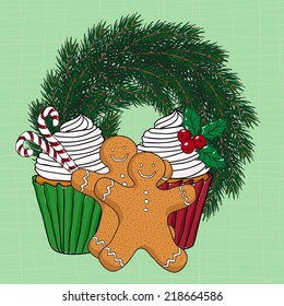 Christmas wreath and gingerbread men with sweet cupcakes. Hand drawn vector illustration.