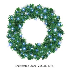Christmas wreath with glowing blue Christmas lights. Christmas tree decoration. Holiday fir tree garland. Festive winter season frame, realistic spruce branches. Transparent background in vector file.