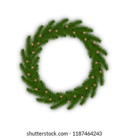 Christmas wreath with glowing lights garland. Fir tree Xmas decoration with lights