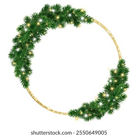 Christmas wreath with glowing Christmas lights. Golden glitter ring. Christmas tree decoration. Holiday garland. Festive frame, realistic fir-tree branches. Transparent background in vector file.