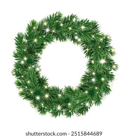 Christmas wreath with glowing Christmas lights. Christmas tree decoration. Holiday fir tree garland. Festive winter season frame, realistic spruce branches. Transparent background in vector file.