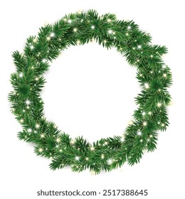 Christmas wreath with glowing Christmas lights. Christmas tree decoration. Holiday fir tree garland. Festive winter season frame, realistic spruce branches. Transparent background in vector file.