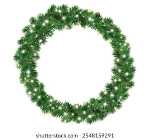 Christmas wreath with glowing Christmas lights. Christmas tree decoration. Holiday fir tree garland. Festive winter season frame, realistic spruce branches. Transparent background in vector file.