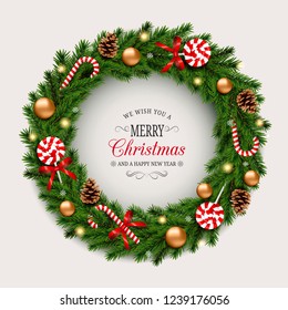 Christmas wreath with gold balls, candy canes and cones. Vector illustration