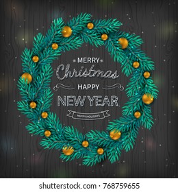 Christmas wreath with gold balls decorations, calligraphic logo on black wooden background. Holiday background. Vector Illustration. 