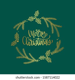 Christmas wreath with gold branches and mistletoe. Unique design for your greeting cards, banners, flyers. Vector illustration in modern style.