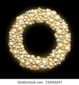 Christmas wreath of gold glitter glass ball ornaments. Golden holiday decoration garland. Xmas background