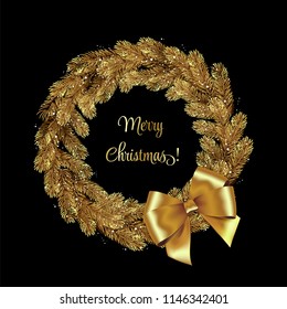 Christmas Wreath Gold Pine Branches. Vector illustration