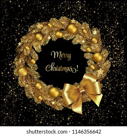 Christmas Wreath Gold Pine Branches. Vector illustration