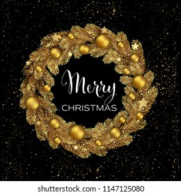 Christmas Wreath Gold Pine Branches. Vector illustration