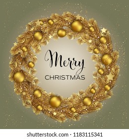 Christmas Wreath Gold Pine Branches. Vector illustration