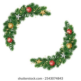 Christmas wreath with gold and red glitter ornaments. Christmas tree decoration. Holiday fir tree garland. Festive winter season frame, spruce branches. Transparent background in vector file.