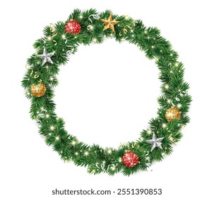 Christmas wreath with gold and red glitter ornaments. Christmas tree decoration. Holiday fir tree garland. Festive winter season frame, spruce branches. Transparent background in vector file.