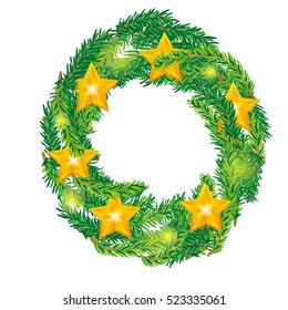 Christmas  wreath with gold stars isolated on white background.  Vector image for new year's day, christmas, decoration, winter holiday, design, new year's eve.