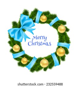 Christmas wreath with golden balls and blue ribbon