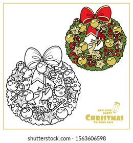 Christmas wreath with golden balls, deer figurine and striped candy color and outlined for coloring page